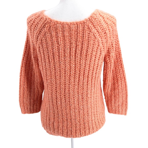 Anthropologie Knitted & Knotted Size Medium Sequined Open Knit Peach Sweater - Picture 3 of 8